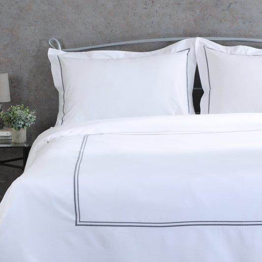 Ethan — organic cotton percale luxe marrow grey colour embroidered duvet cover with pillowcases set, 200 TC, hotel inspired