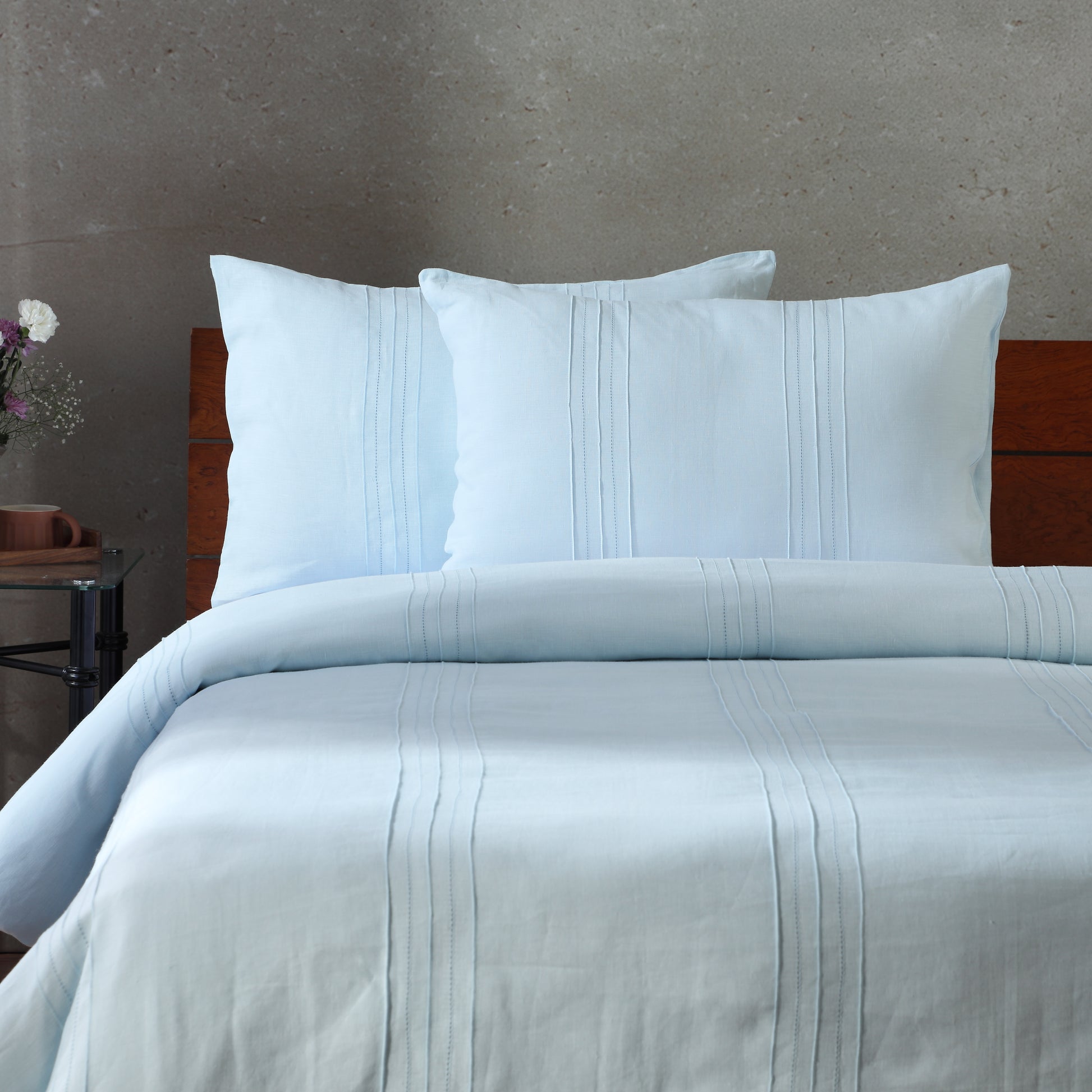 Heirloom — 100% linen pintucks and hemstitched embroidered duvet cover and pillowcases set in glacier blue