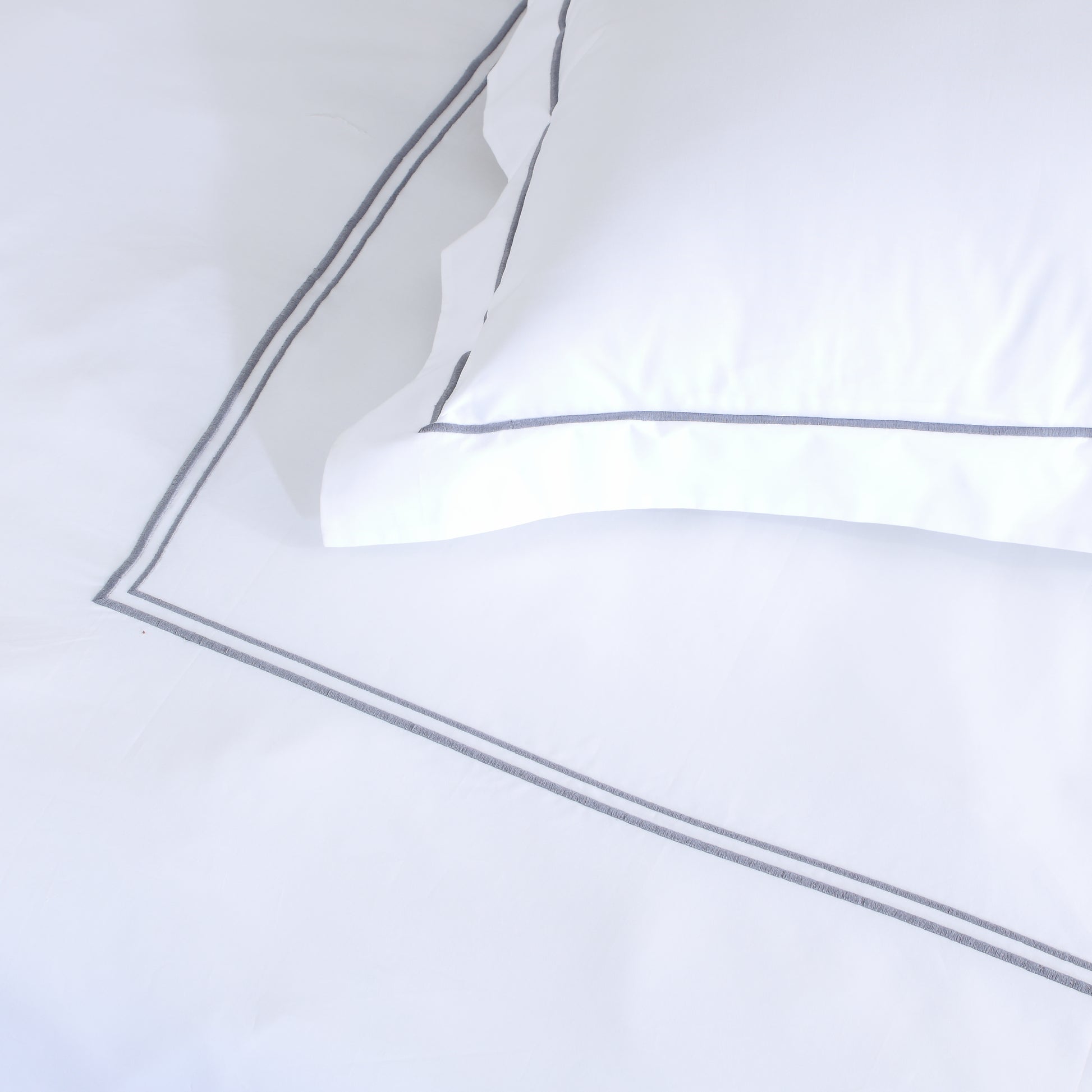 Ethan — organic cotton percale luxe marrow grey colour embroidered duvet cover with pillowcases set, 200 TC, hotel inspired, detail view