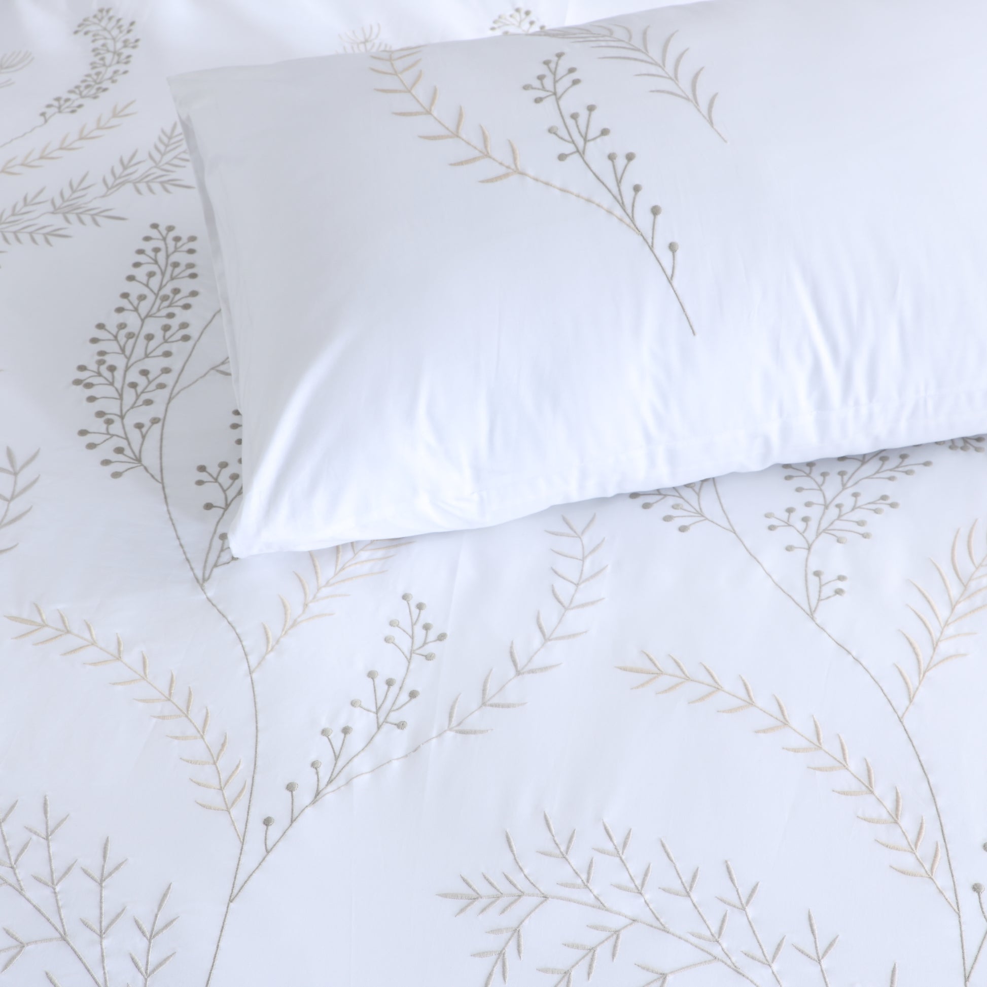 Sorrento — organic cotton percale ornate leaf embroidered design duvet cover set, 200 TC, detailed view