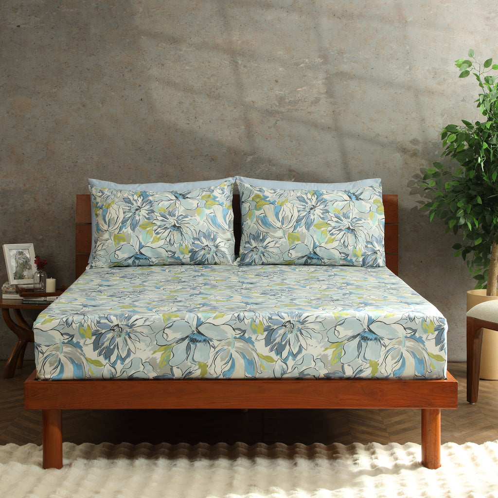 200TC PERCALE ORGANIC PRINTED SHEET SET - MEANDERING BLOSSOMS