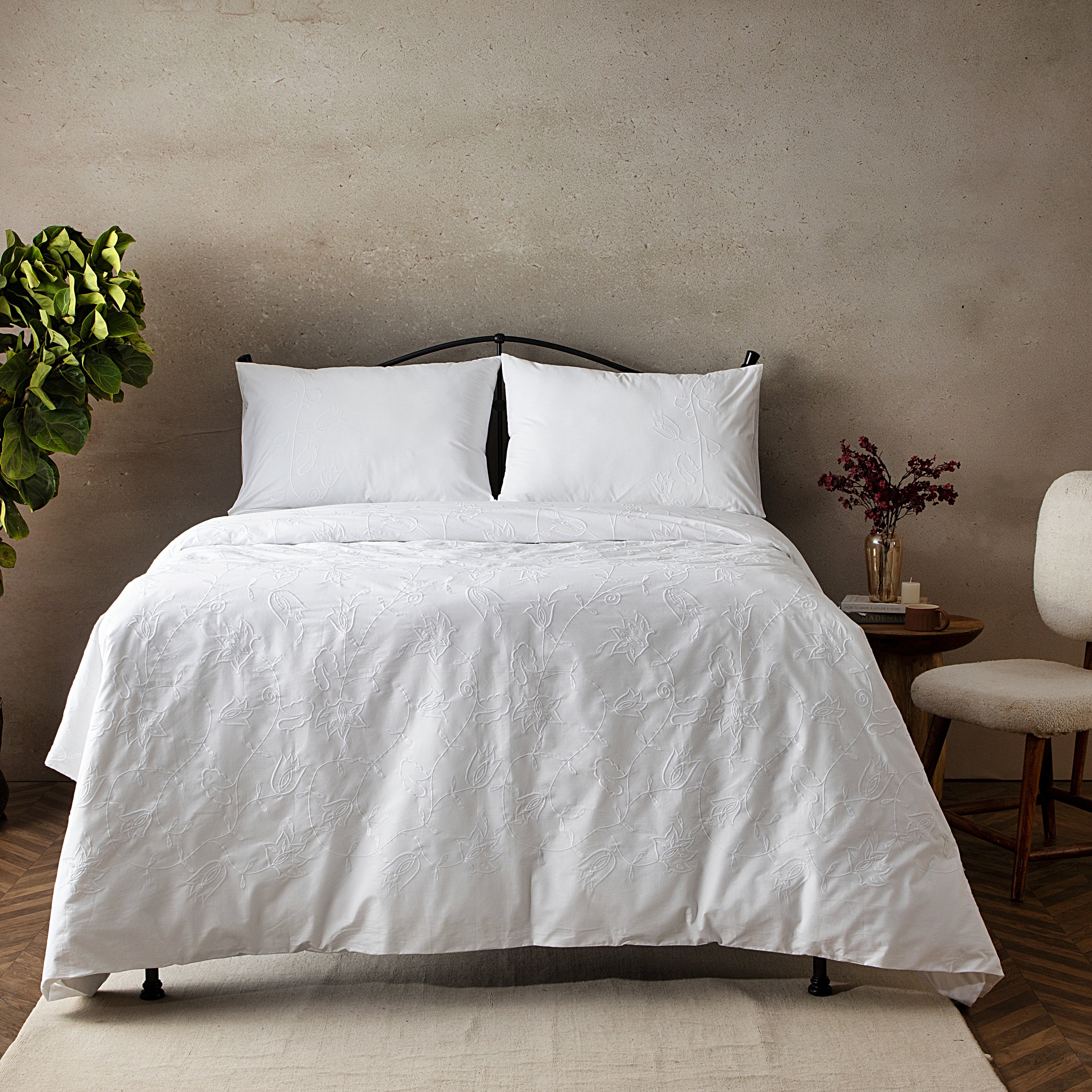 Abundance — organic cotton percale floral white on white embroidered duvet cover set, 200 TC