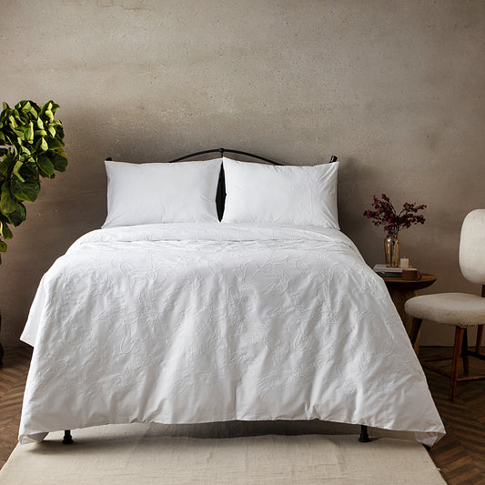 ABUNDANCE 200 TC PERCALE 100% ORGANIC COTTON EMBROIDERED DUVET COVER SET - WHITE ON WHITE
