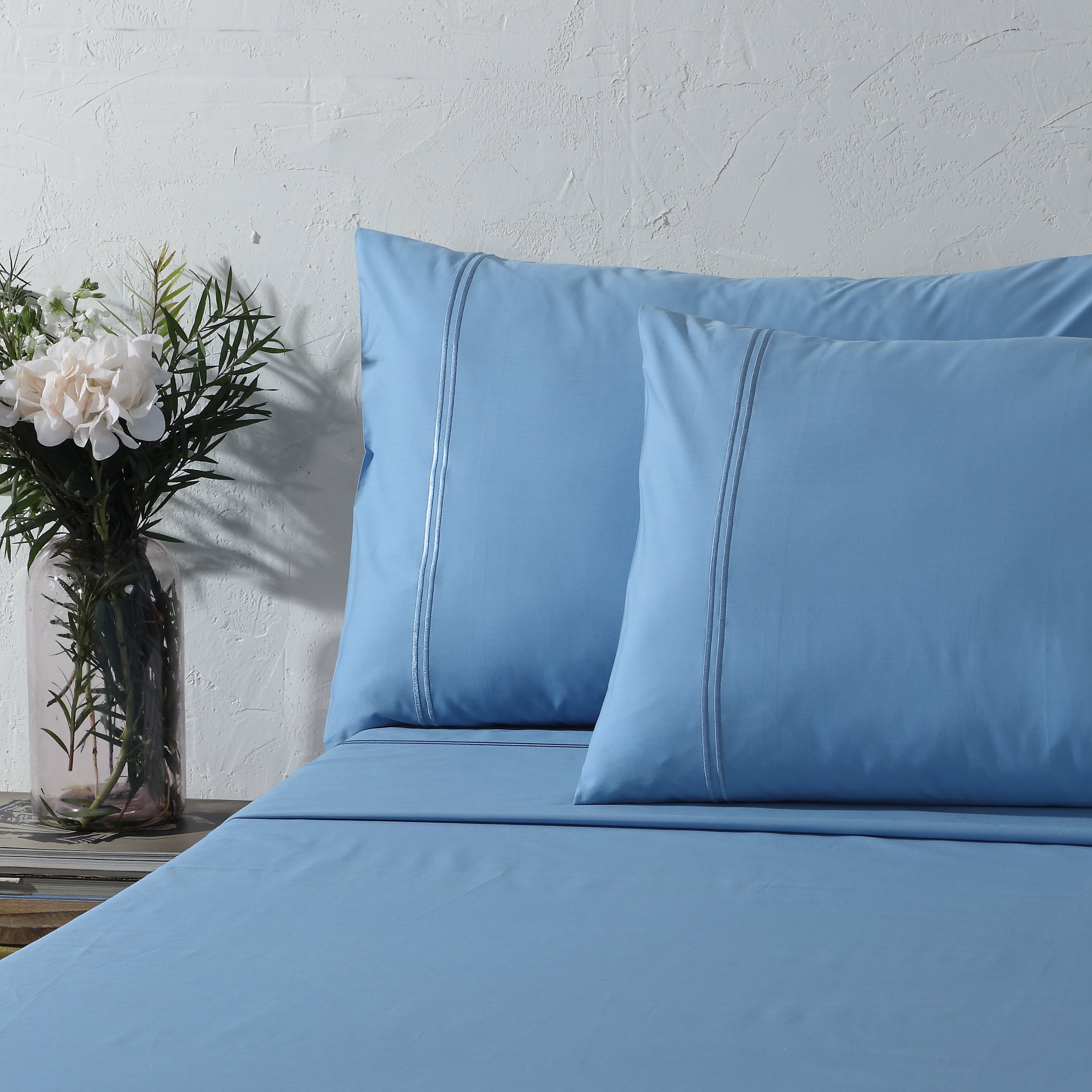 200TC ORGANIC COTTON COLOURED EMBROIDERED SHEET SET -  BLUE MIRAGE