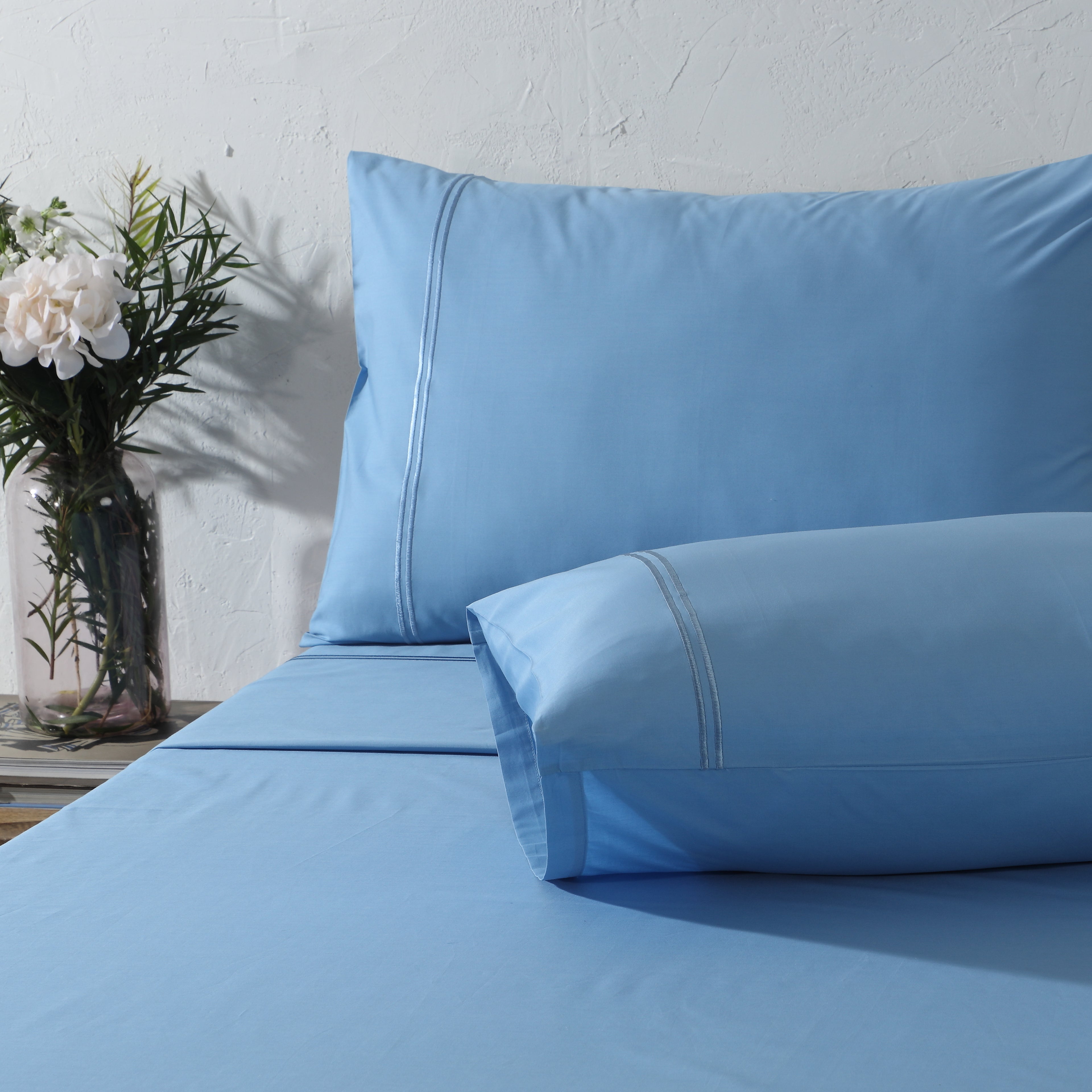 200TC ORGANIC COTTON COLOURED EMBROIDERED SHEET SET -  BLUE MIRAGE