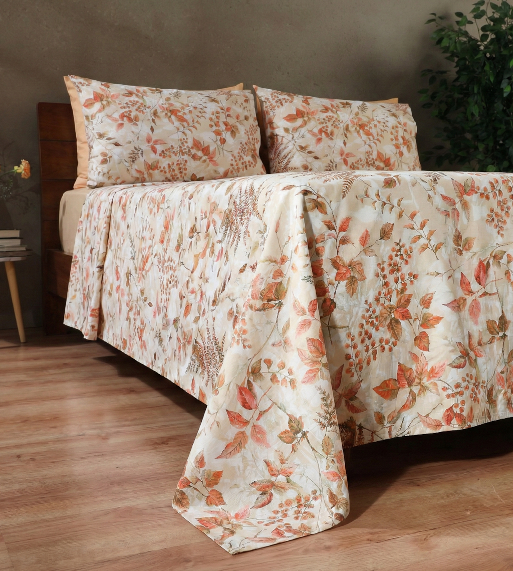 Lima digital foliage organic cotton printed sheet set on bed – full set, side view