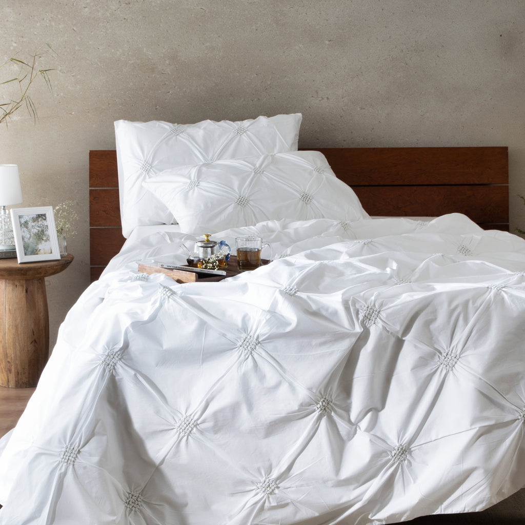 Diamond Rhapsody — organic cotton percale handcrafted rouched diamonds duvet cover set, 200 TC, alternate view