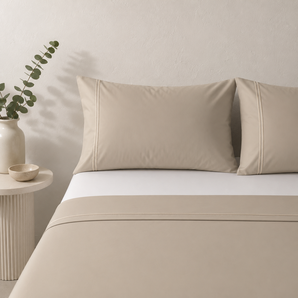 ORGANIC COTTON 200TC DYED EMBROIDERED SHEET SET - DUNE