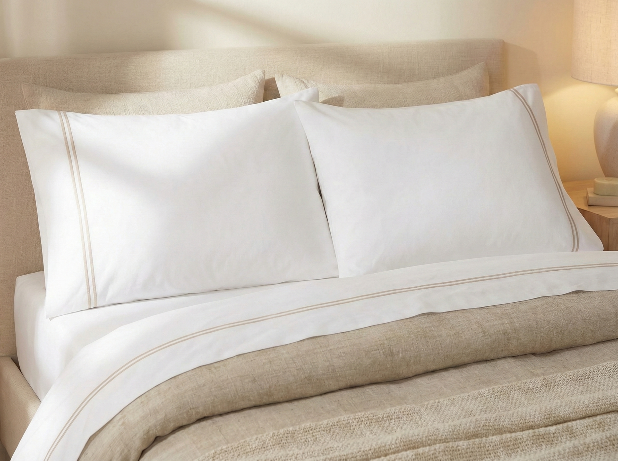 200TC WHITE ORGANIC COTTON EMBROIDERED SHEET SET - DUNE ON WHITE