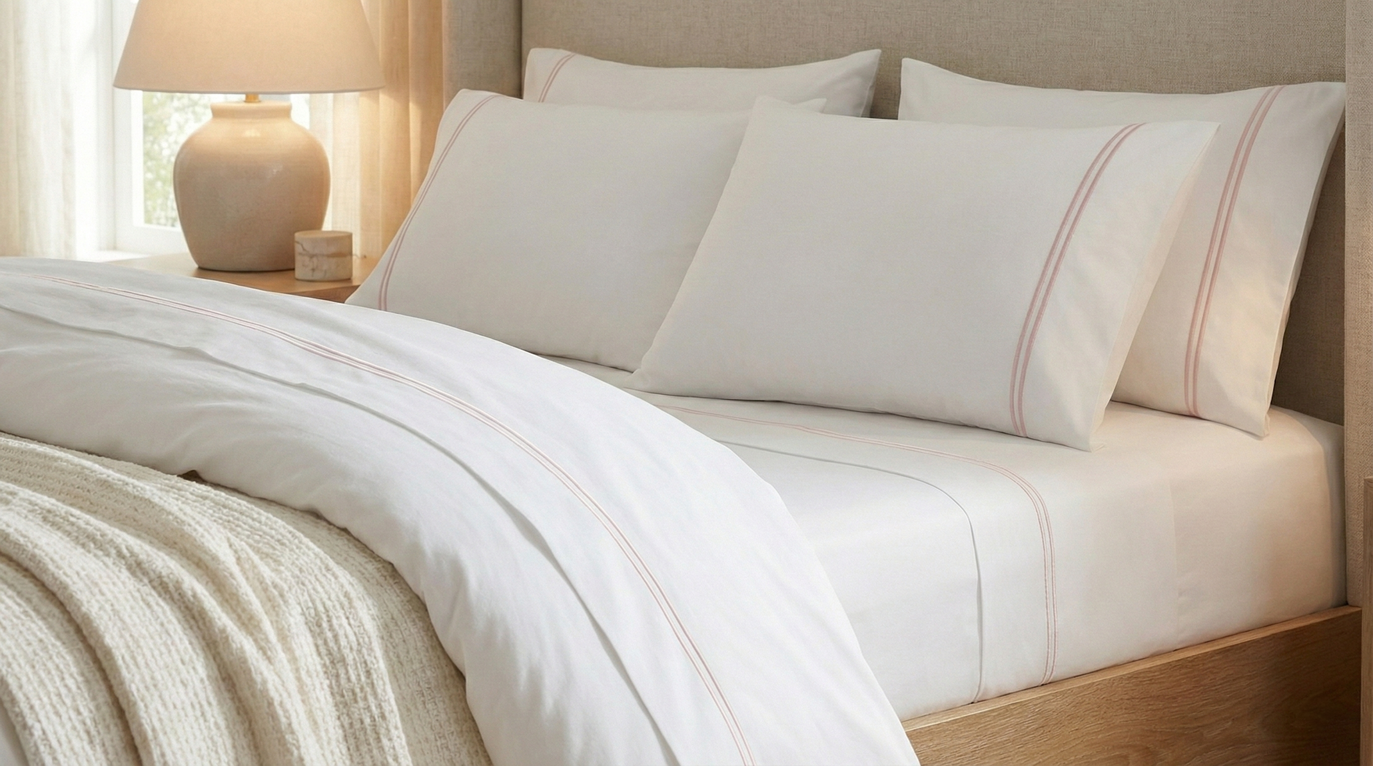 200TC WHITE ORGANIC COTTON EMBROIDERED SHEET SET - DUSTY PINK ON WHITE