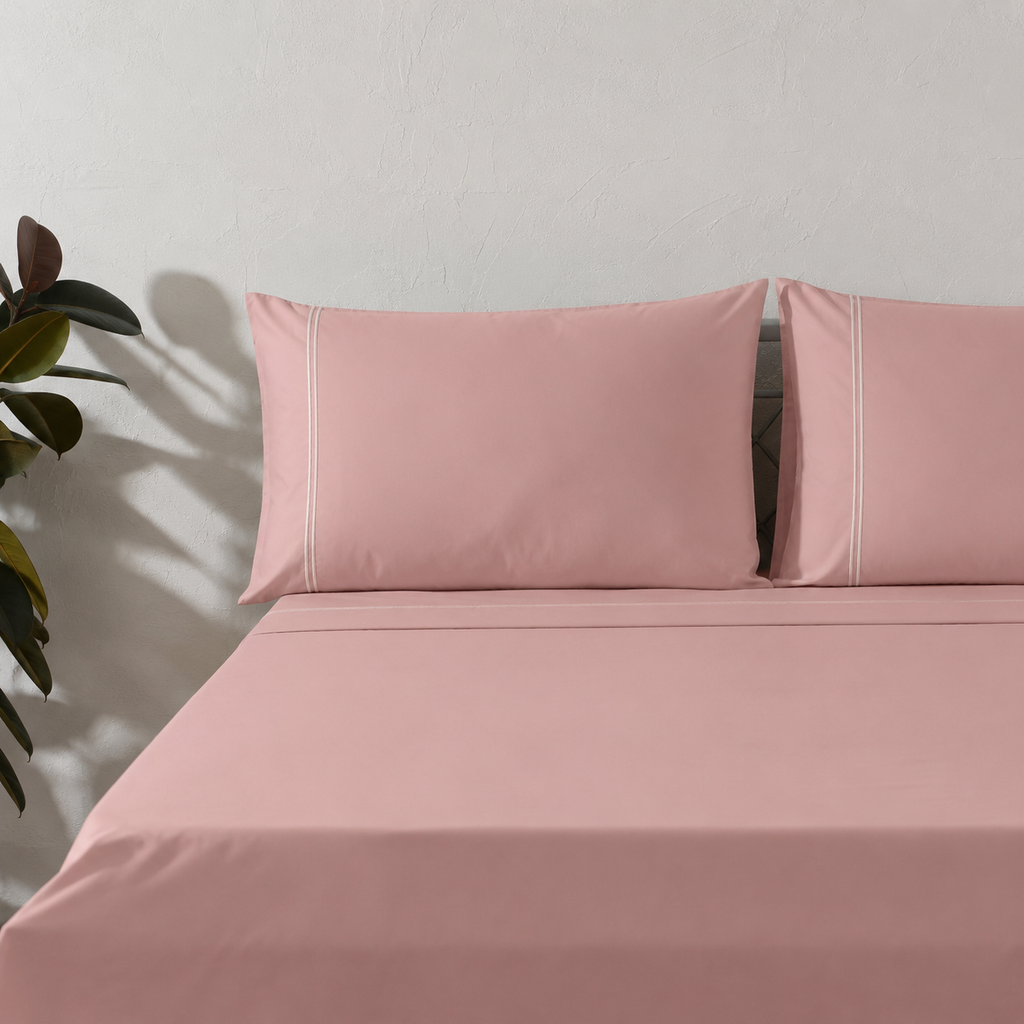 ORGANIC COTTON 200TC DYED EMBROIDERED SHEET SET - DUSTY PINK