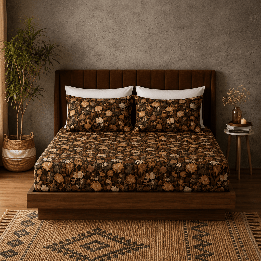 ORGANIC COTTON 200TC PRINTED FITTED SHEET SET - EMBER GARDEN