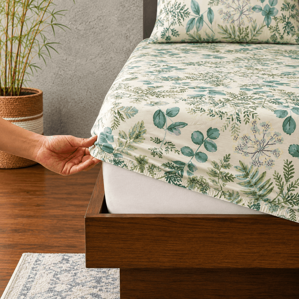 ORGANIC COTTON 200TC PRINTED FITTED SHEET SET - EVERGREEN MEDLEY
