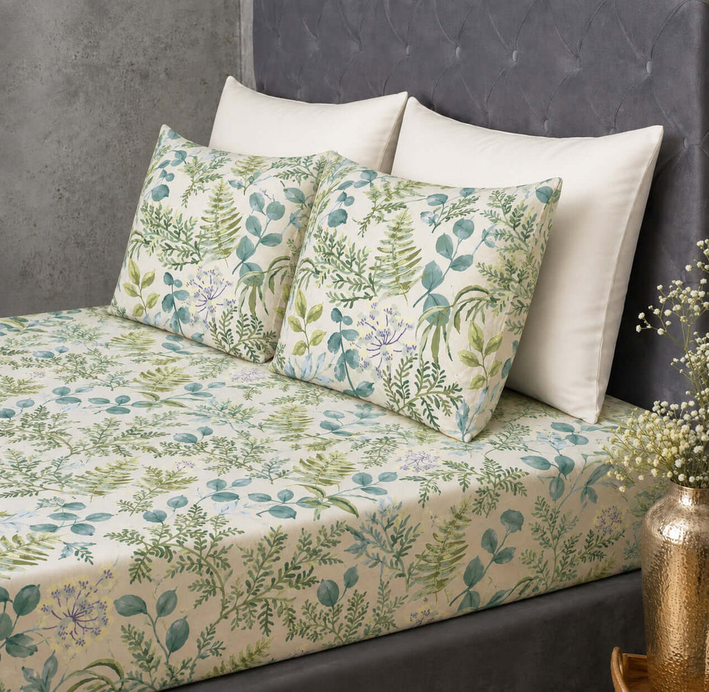 ORGANIC COTTON 200TC PRINTED FITTED SHEET SET - EVERGREEN MEDLEY