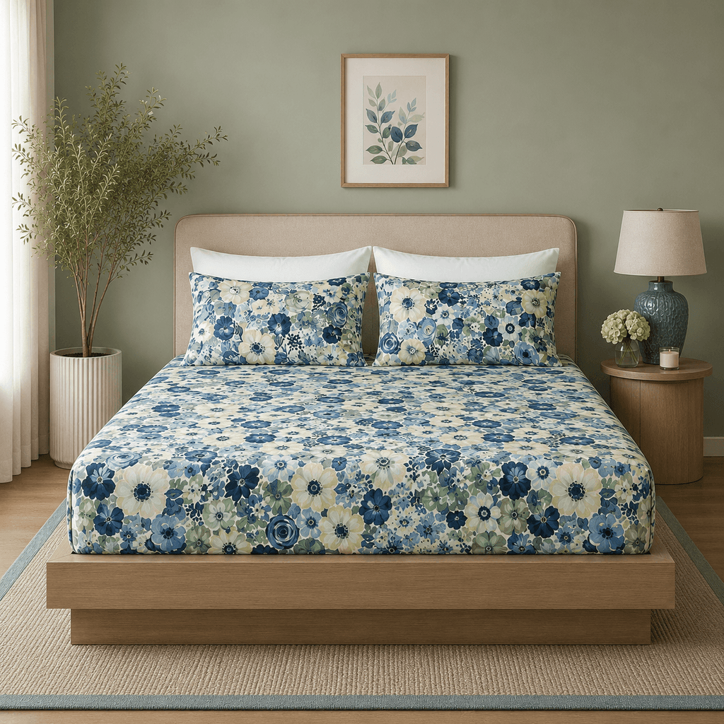 ORGANIC COTTON 200TC PRINTED FITTED SHEET SET - GARDENIA