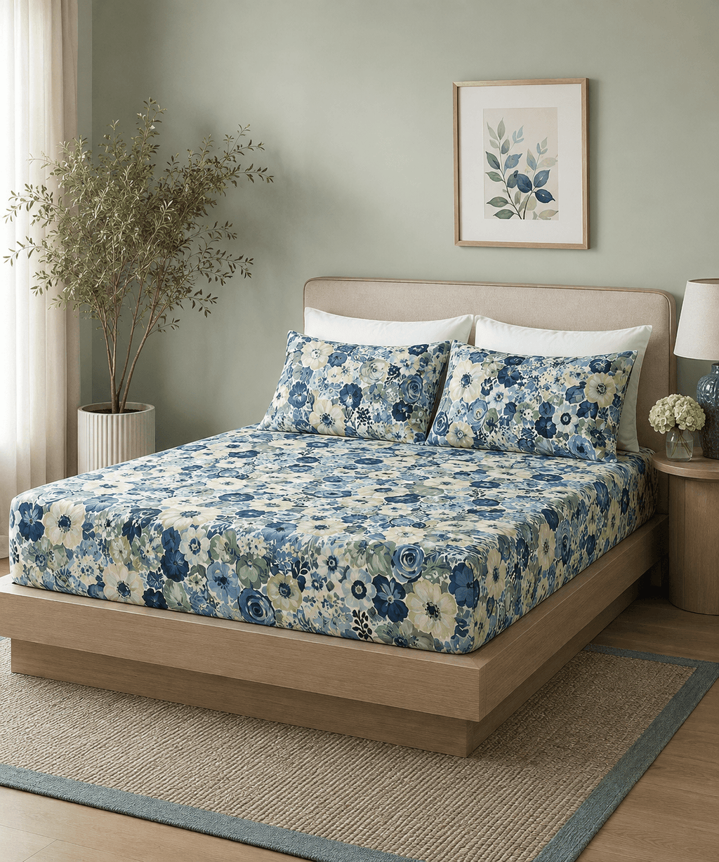 ORGANIC COTTON 200TC PRINTED FITTED SHEET SET - GARDENIA