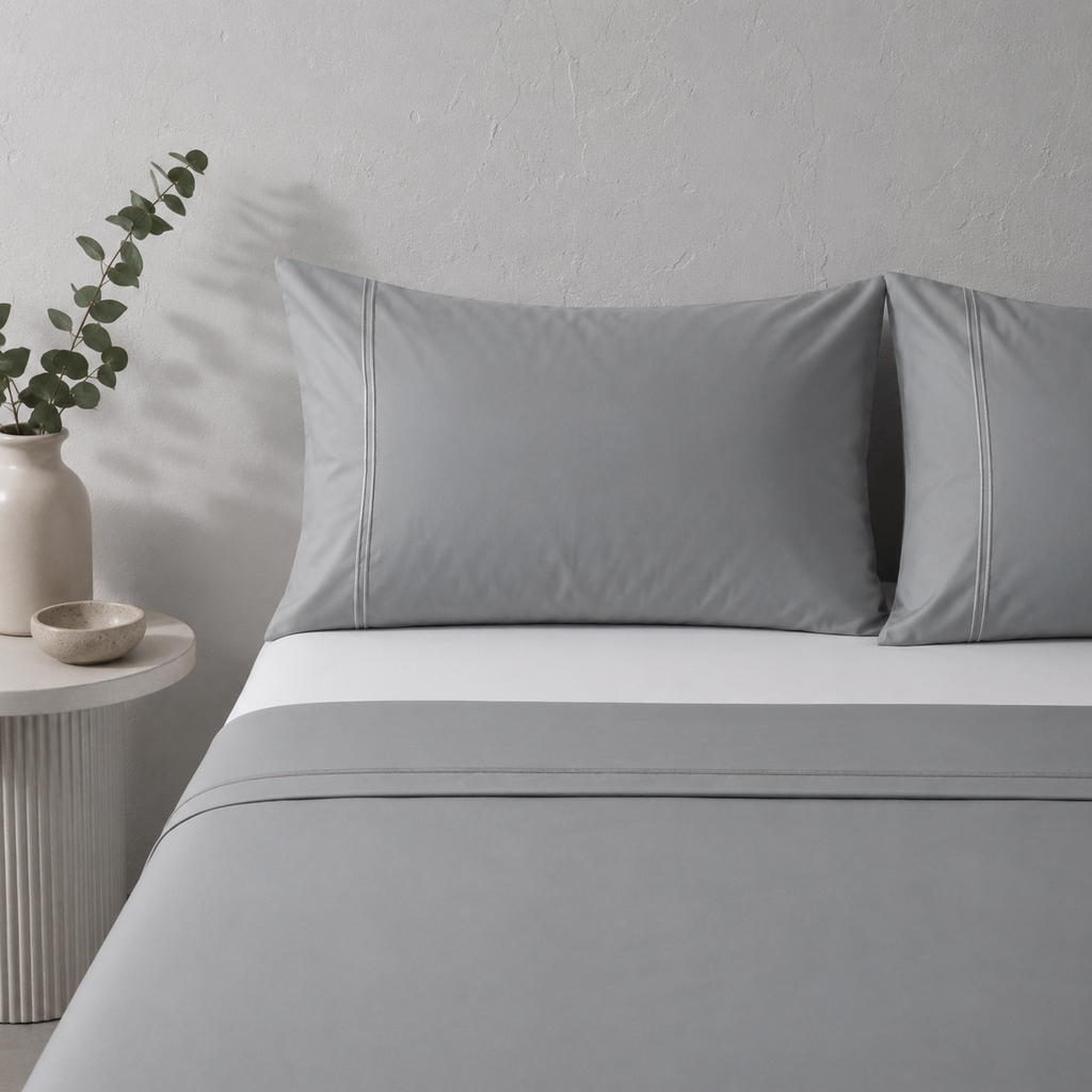 ORGANIC COTTON 200TC DYED EMBROIDERED SHEET SET - GREYSTONE