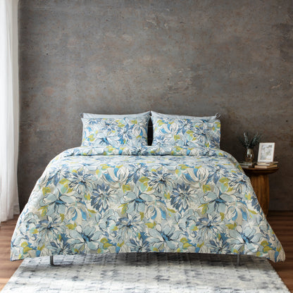 Meandering Blossoms — organic cotton percale iridescent floral blooms printed duvet cover and pillowcases set, 200 TC