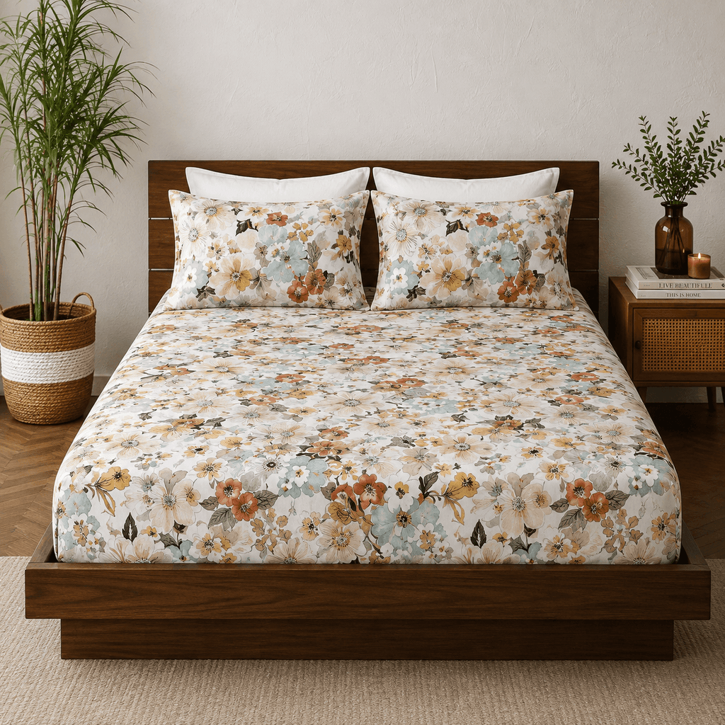 BAMBOO COTTON 300TC PRINTED FITTED SHEET SET - MEADOW MIST