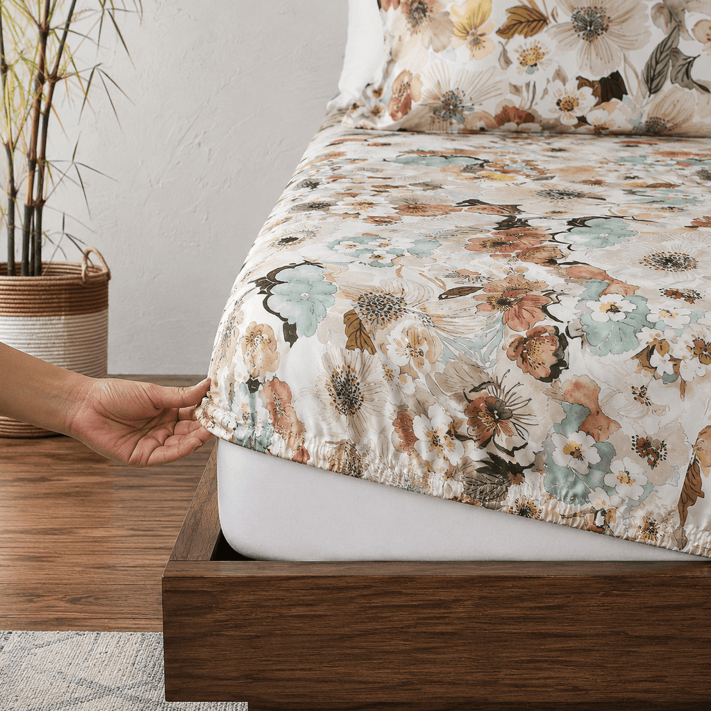 BAMBOO COTTON 300TC PRINTED FITTED SHEET SET - MEADOW MIST