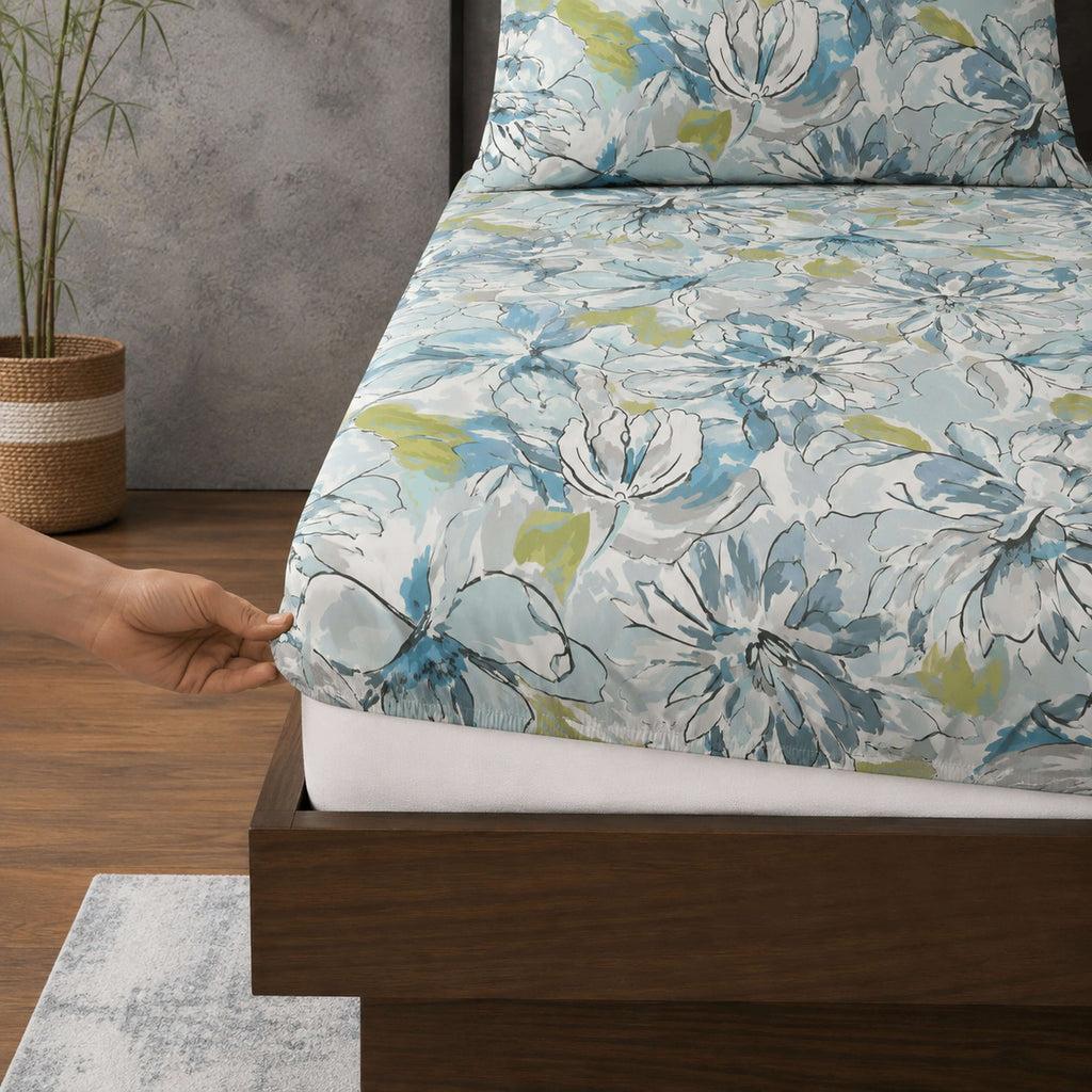 ORGANIC COTTON 200TC PRINTED FITTED SHEET SET - MEANDERING BLOSSOMS
