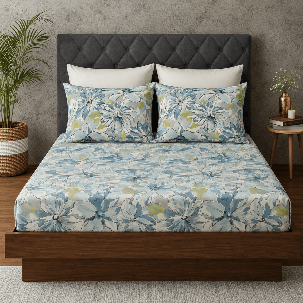 ORGANIC COTTON 200TC PRINTED FITTED SHEET SET - MEANDERING BLOSSOMS