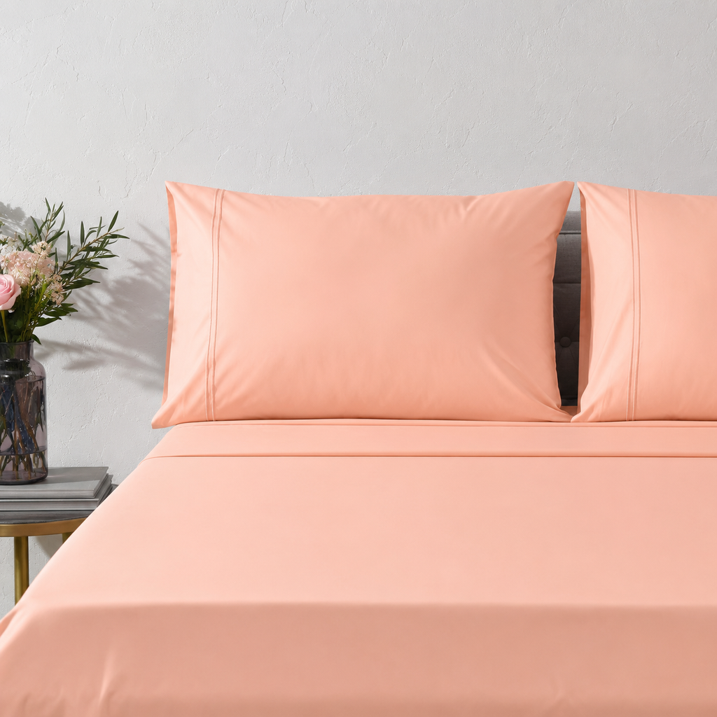 ORGANIC COTTON 200TC DYED EMBROIDERED SHEET SET - PEACH NECTAR