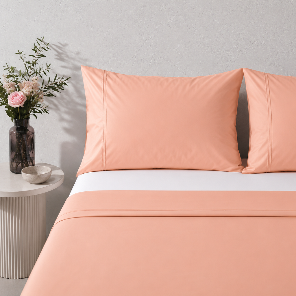 ORGANIC COTTON 200TC DYED EMBROIDERED SHEET SET - PEACH NECTAR