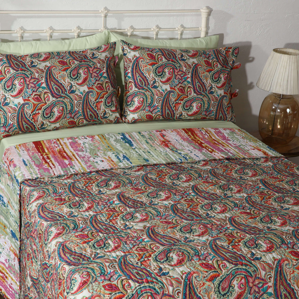 Reverse side of Paisley Romance dohar – artistic stripe design echoing the teal, coral and rose tones of the paisley front, 100% organic cotton percale