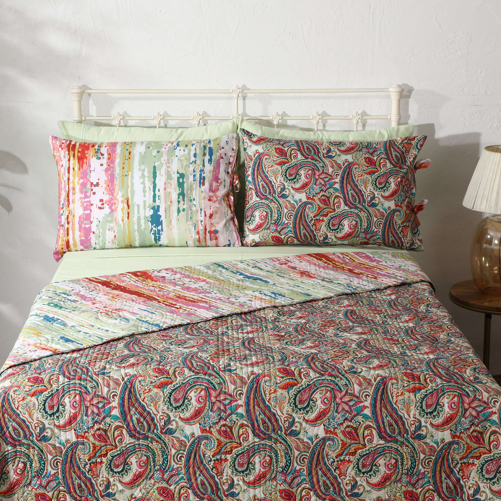 Matching reversible pillowcase from the Paisley Romance dohar set – paisley and stripe design, organic cotton percale with housewife closure, Whites of London