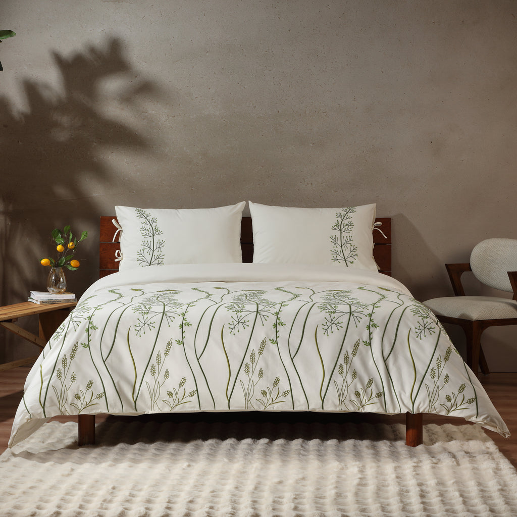 Palma — organic cotton percale green floral vines embroidered duvet cover set, 200 TC, ivory base