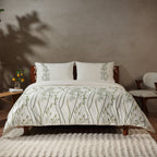 Palma — organic cotton percale green floral vines embroidered duvet cover set, 200 TC, ivory base
