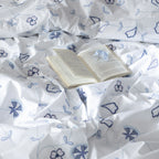 Paradiso — organic cotton percale embroidered duvet cover set, 200 TC, french inspired, blue accents, with open book