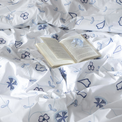 Paradiso — organic cotton percale embroidered duvet cover set, 200 TC, french inspired, blue accents, with open book
