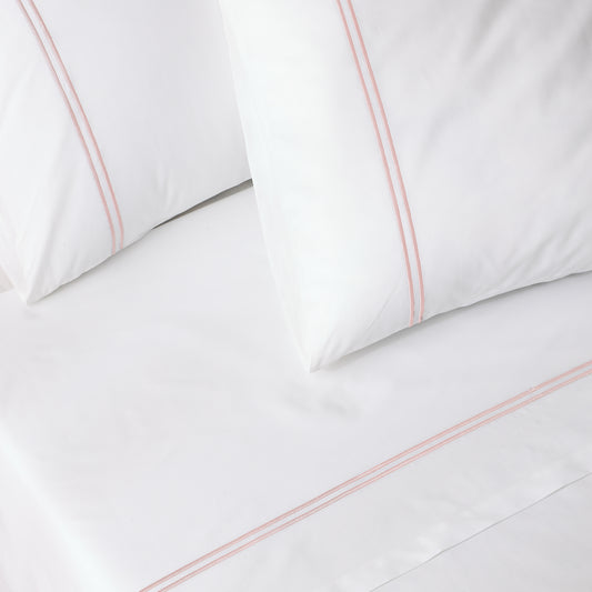 200TC WHITE ORGANIC EMBROIDERED SHEET SET - DUSTY PINK ON WHITE