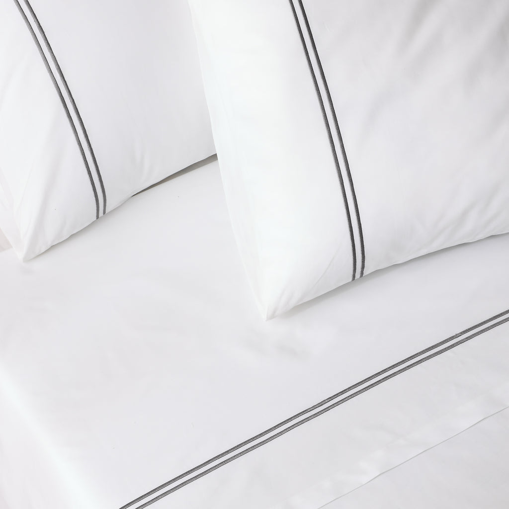 200TC WHITE ORGANIC COTTON EMBROIDERED SHEET SET - GREYSTONE ON WHITE