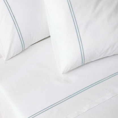 200TC WHITE ORGANIC EMBROIDERED SHEET SET - SKY ON WHITE