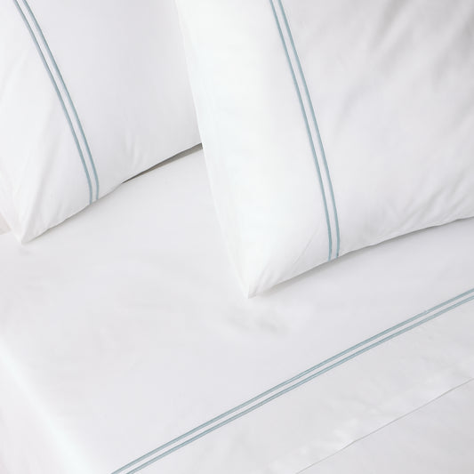 200TC WHITE ORGANIC EMBROIDERED SHEET SET - SKY ON WHITE