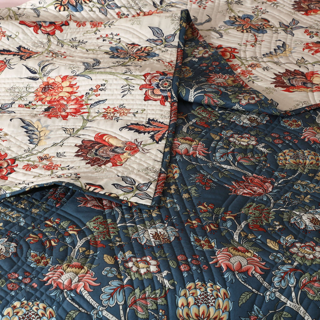 Close-up of botanical chintz print on deep blue organic cotton percale – intricate blooms, flowing vines and ornate motifs on the Chintz dohar