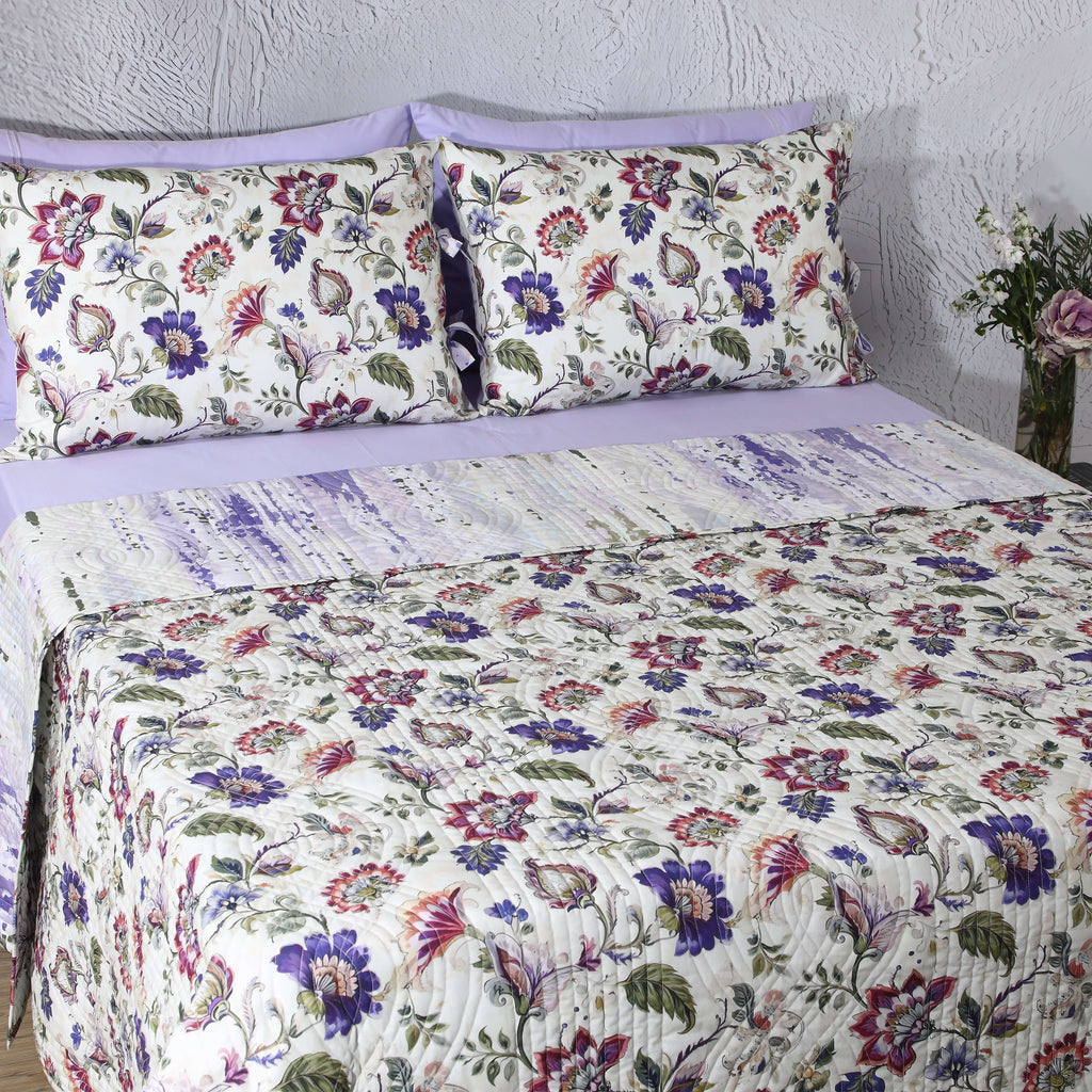 Reverse side of Lavender Fields dohar – contemporary stripe design in fluid strokes of lilac, sage and ivory, 100% organic cotton percale