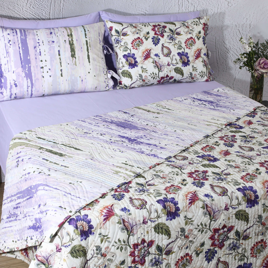Matching reversible pillowcase from the Lavender Fields dohar set – floral and stripe design with tie closure, organic cotton percale, Whites of London India