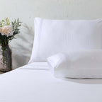 Close-up of marrow embroidery detail on a white 1000 TC organic cotton flat sheet – fine triple embroidered line along the top hem