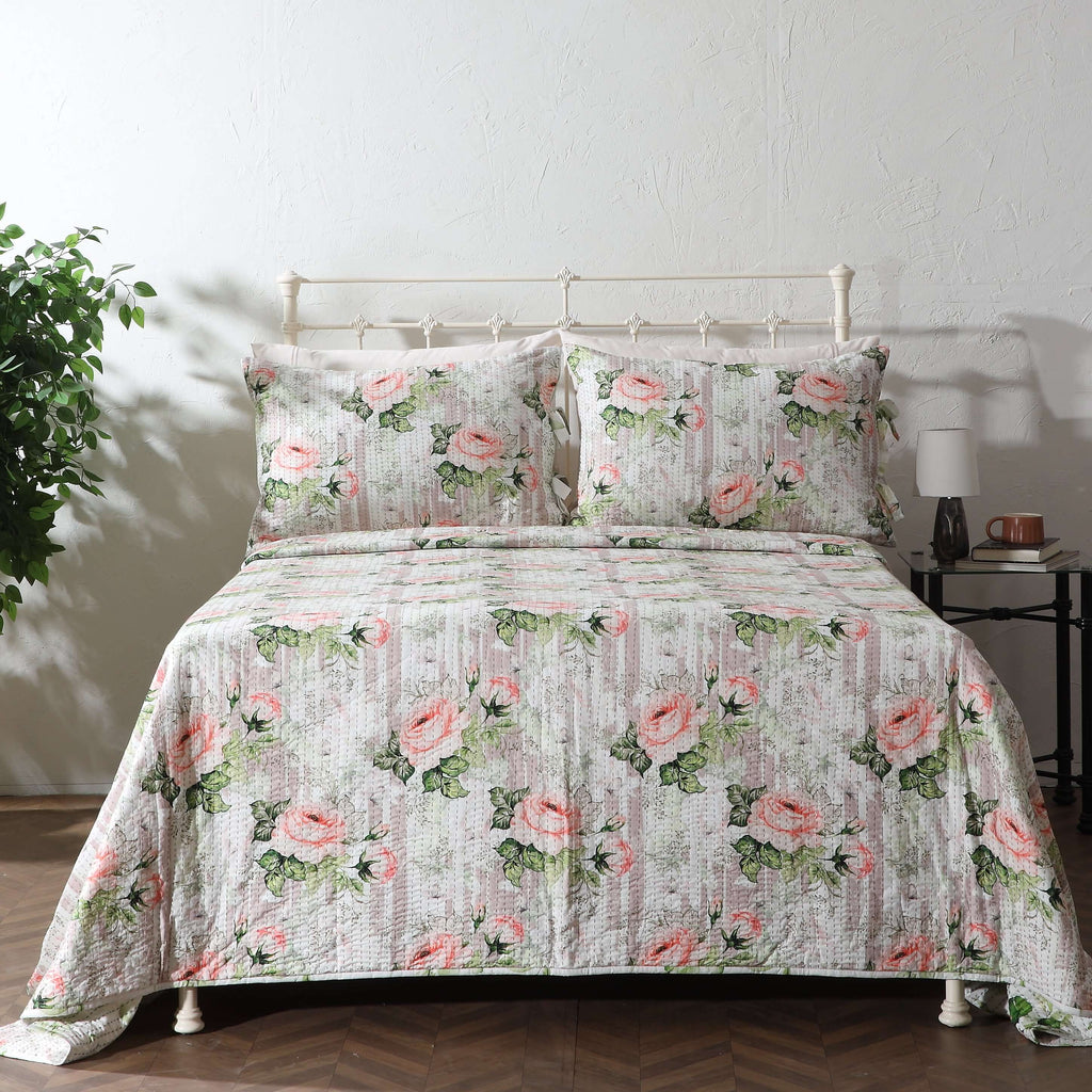 COTTON REVERSIBLE BEDSPREAD SET - WHISPERING ROSE