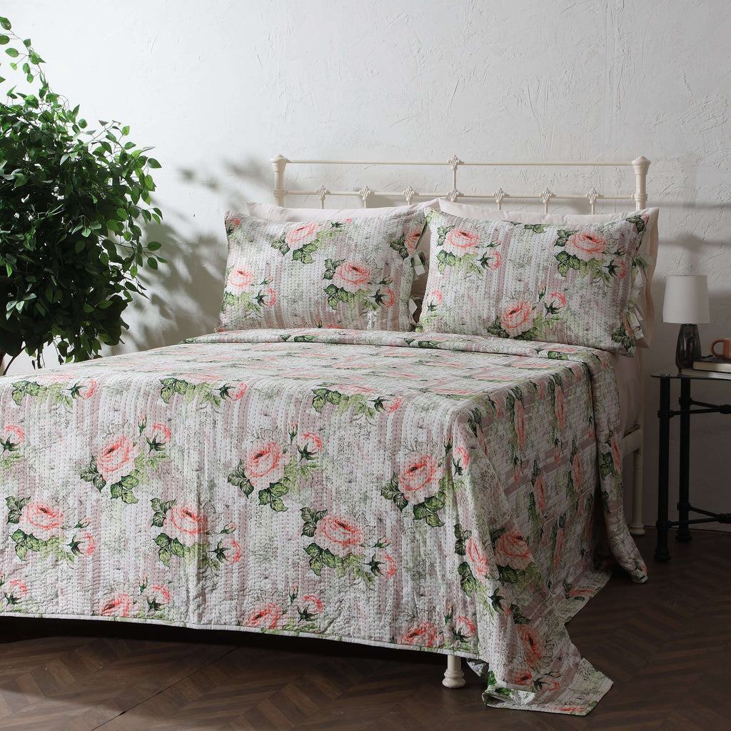 COTTON REVERSIBLE BEDSPREAD SET - WHISPERING ROSE