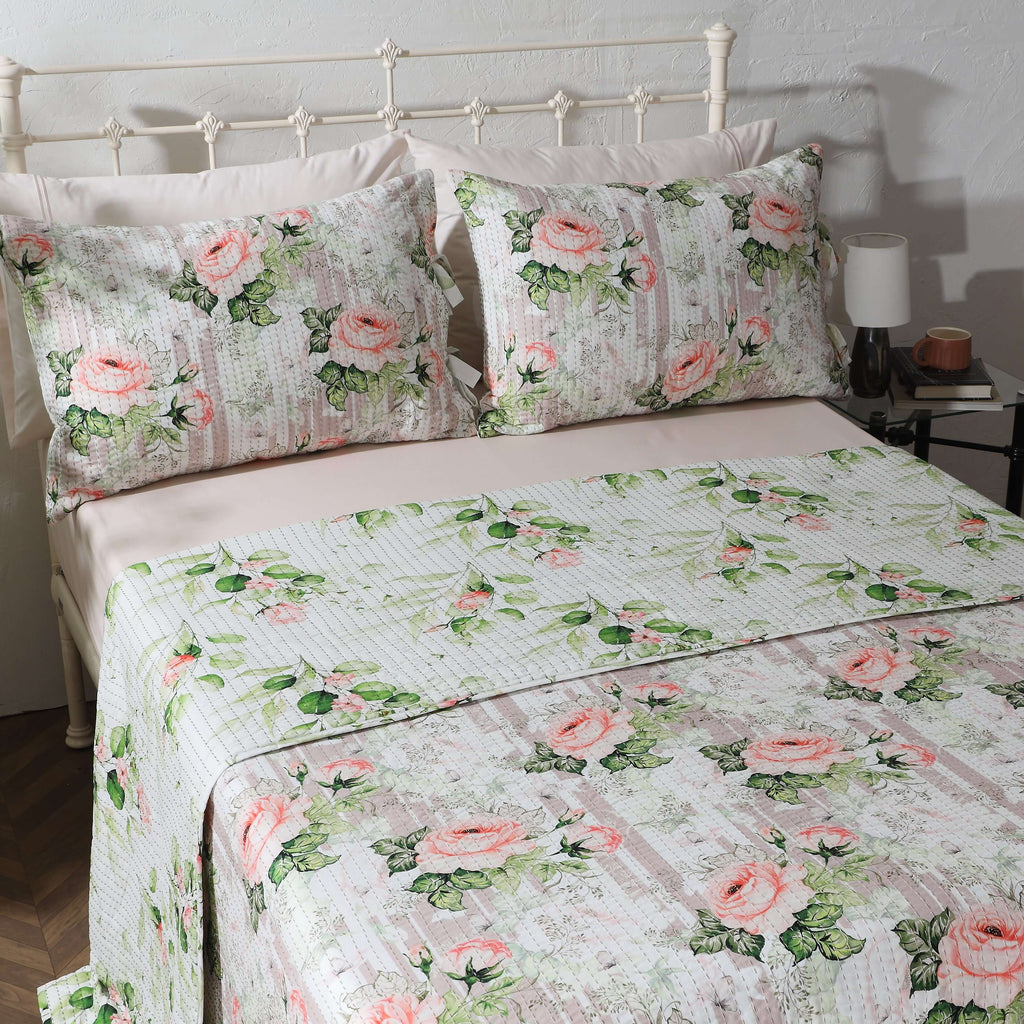 COTTON REVERSIBLE BEDSPREAD SET - WHISPERING ROSE