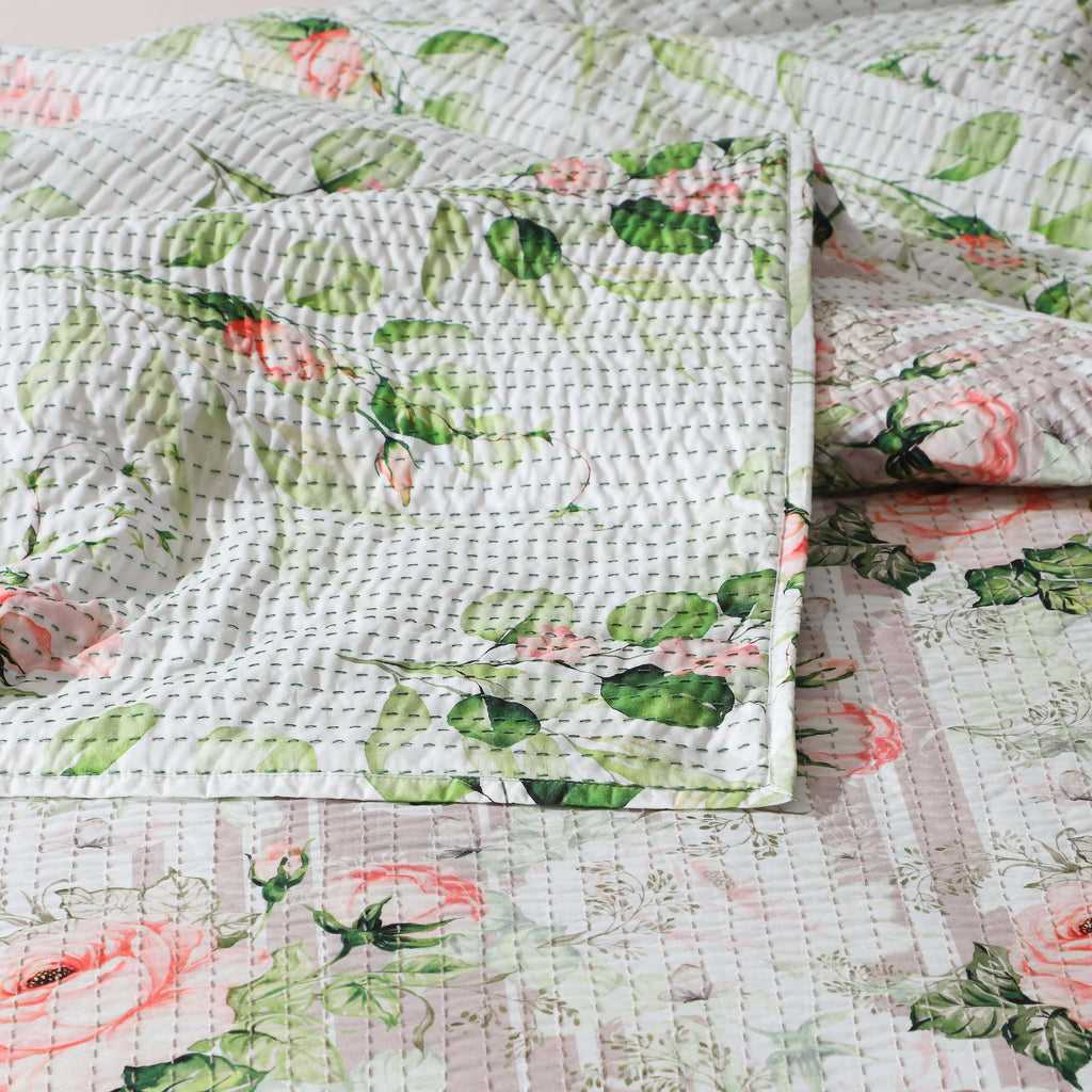 COTTON REVERSIBLE BEDSPREAD SET - WHISPERING ROSE