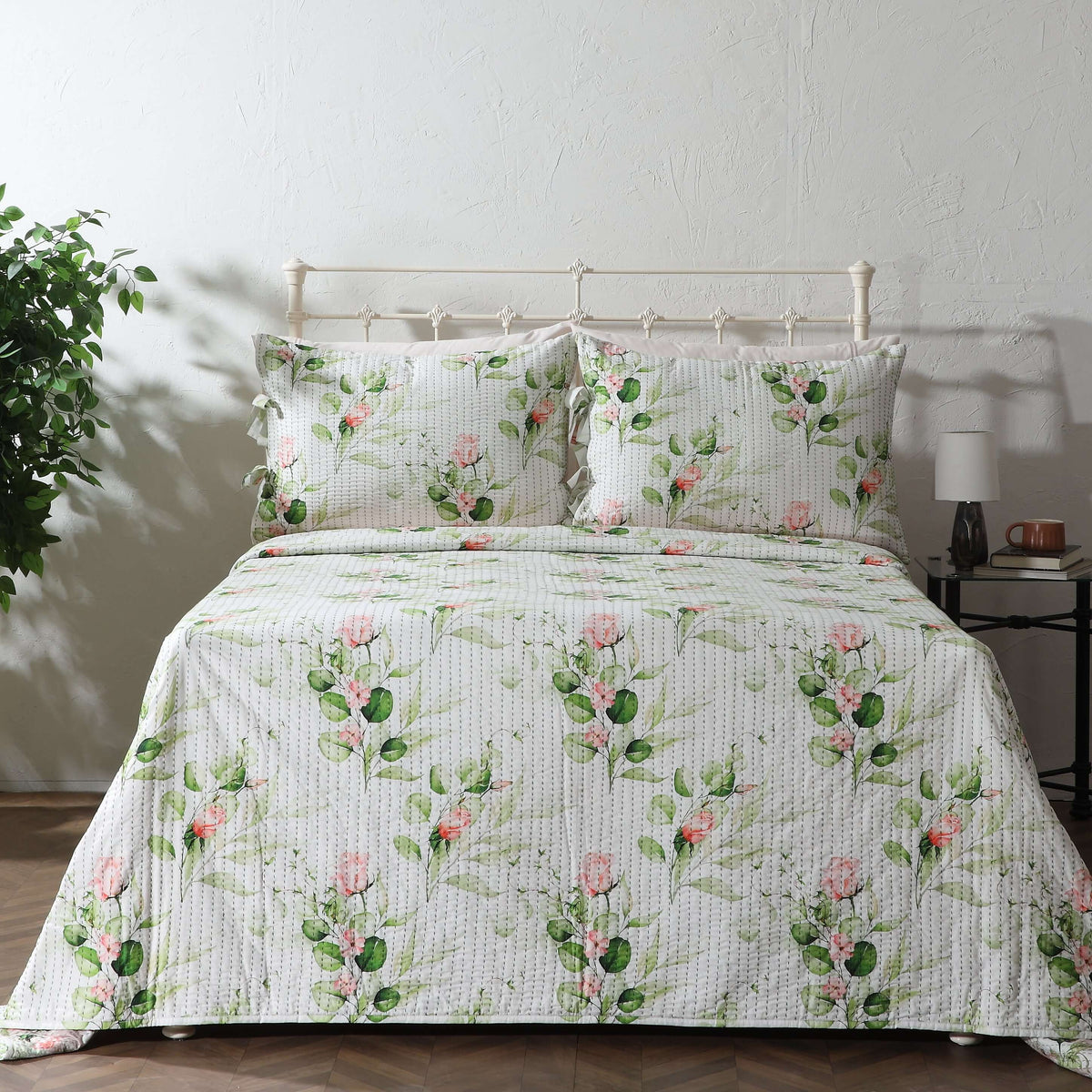 COTTON REVERSIBLE BEDSPREAD SET - WHISPERING ROSE