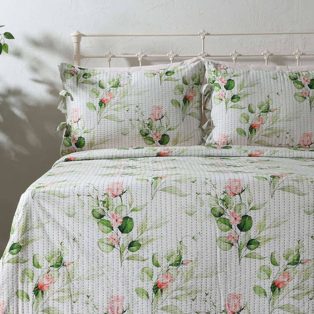 COTTON REVERSIBLE BEDSPREAD SET - WHISPERING ROSE