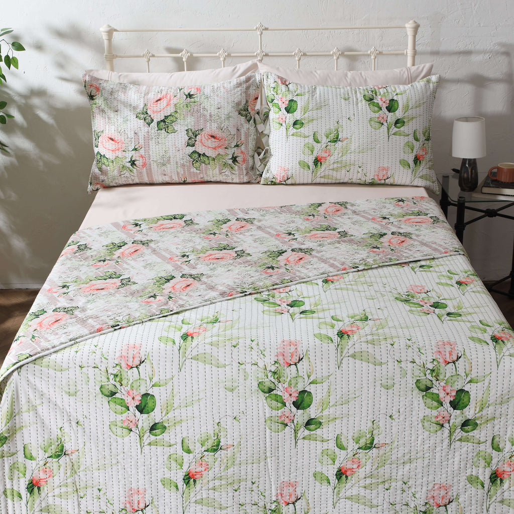 COTTON REVERSIBLE BEDSPREAD SET - WHISPERING ROSE