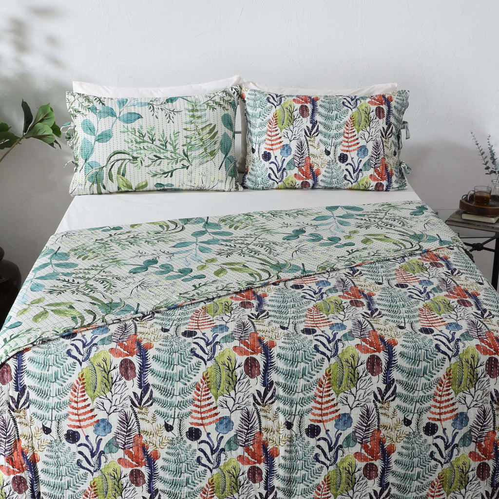 COTTON REVERSIBLE BEDSPREAD SET - BOTANICAL BLISS